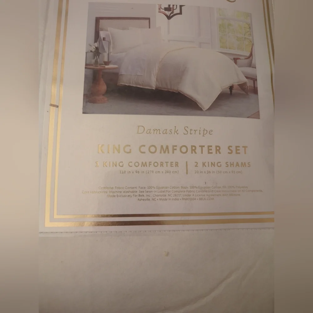 Biltmore damask Stripe Egyptian Cotton Ivory Comforter Set And 2 King Shams New